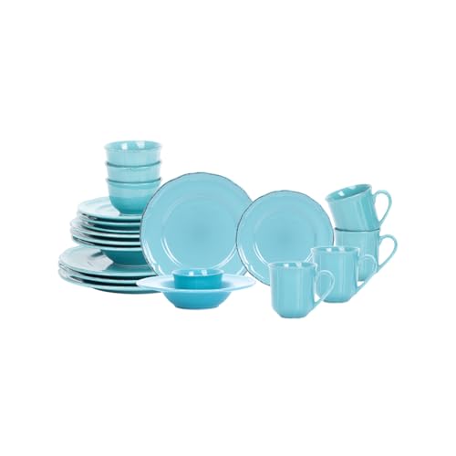 Service de table 20 pièces en grès pour 4 personnes, résistant aux rayures, motif campagne française mouchetée (Turquoise)