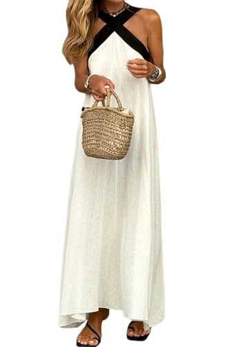 chouyatou Womens Criss Cross Halter Neck Dress Sleeveless Sexy Backless Boho Maxi Long Cotton Linen Dress (Small,White)
