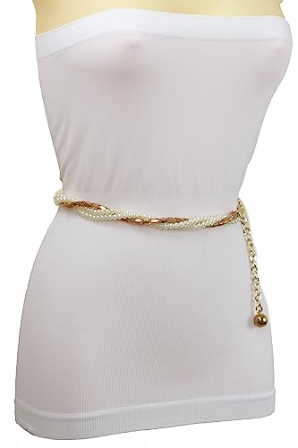 Women Gold Metal Chain Belt - Hip High Waist Fashion Twisted Braided Cream Beads M L2