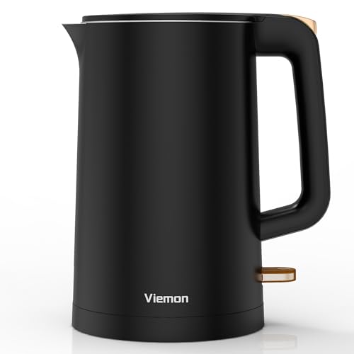 Image of Electric Kettle, 1.7L Double Wall Stainless Steel Cool Touch, Water Boiler & Heater, 1500W Hot Tea Pot, Boil Dry Protection & Auto Shut-Off, Cordless Base & LED Indicator, Black Gold
