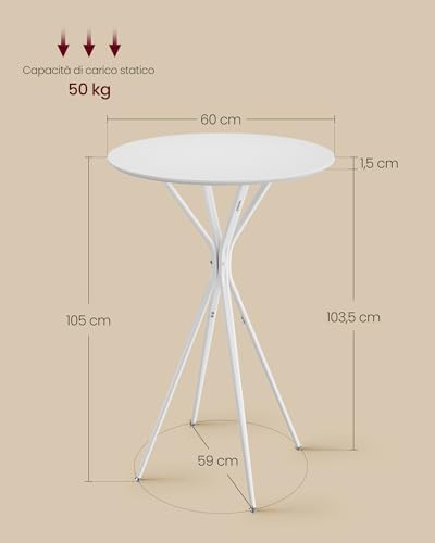 VASAGLE Tavolino da Bar, Tavolino da Cucina, Tavolo Alto Rotondo, Struttura in Metallo, 60 x 60 x 105 cm, per Soggiorno, Moderno, Montaggio Facile, Bianco Nuvola e Bianco Opaco LBT024W01 - Immagine 2