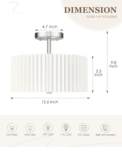 Image of Semi Flush Mount Ceiling Light, 3-Light 12.5 inch Ceiling Light Fixture with White Pleated Fabric Shade, Brushed Nickel Drum Lamp for Nursery Hallway Bedroom Kitchen, AD-25036-3SF-SN