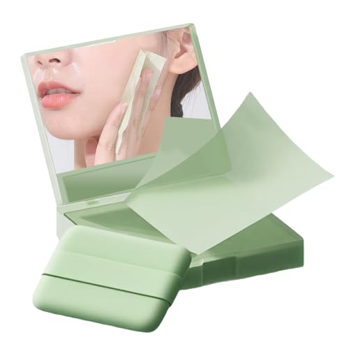 100 PCS Blotting Paper with Mirror & Puff Portable Soft Green Tea Face Oil Blotting Sheets for Gift Absorbs Oil for Oily Skin Tending Facial Grease Removal