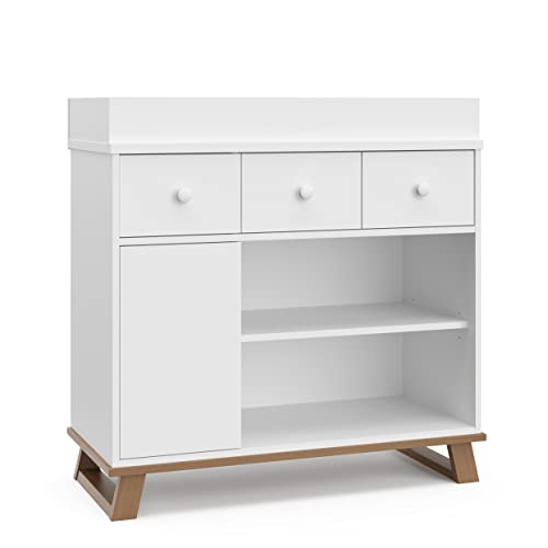Storkcraft Modern Nursery Changing Table Dresser (White with Vintage Driftwood) – GREENGUARD Gold Certified, Baby Dresser With Changing Table Top, Dresser for Nursery, Changing Table With Drawers