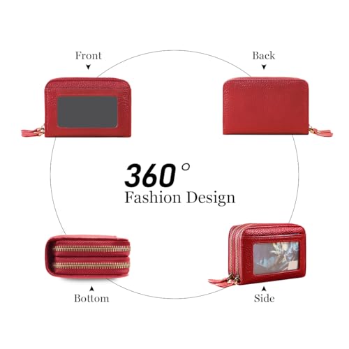 Rfid Blocking Zipper Genuine Leather Small Wallet with ID Window Credit Card holder for Women. (Red)4