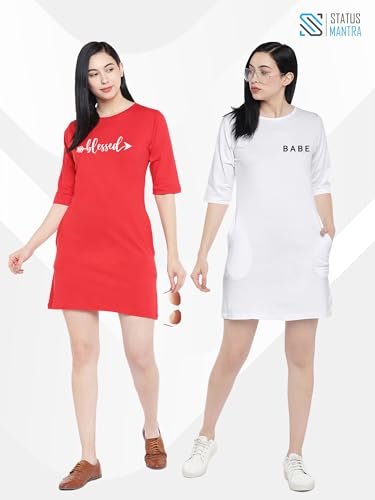 Image of STATUS MANTRA Long T-Shirt Dress for Women - Cotton Knee Length T Shirt Top | 3 /4th Sleeves, Soft Bio-Washed Fabric | Stylish Regular Fit Crew Neck