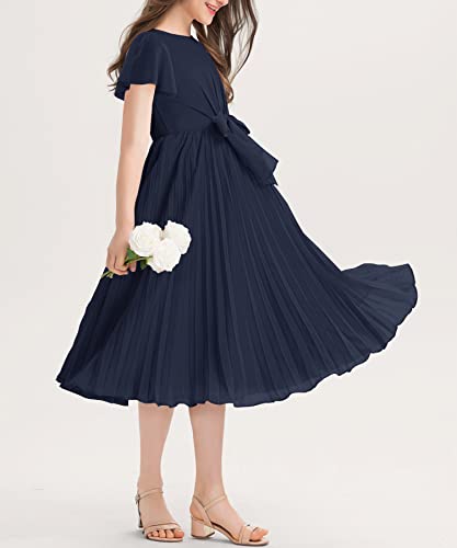 Hosika Flower Girls Dress Chiffon A-Line Pleated Ruffle Bow Dresses For Wedding Formal Pageant Party Navy Blue 12-13Y #TOP2