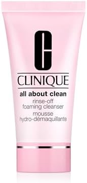 Clinique All About Clean Rinse-Off Foaming Facial Cleanser With Hyaluronic Acid + Glycerin For Oily Skin Types | Dissolves Makeup + Sunscreen, Mini Travel Size, 30ml