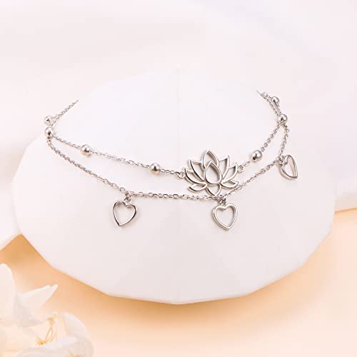 Image of Flyow Anklet for Women S925 Sterling Silver Adjustable Foot Beaded Heart Charm Ankle Bracelet Anklets Jewelry