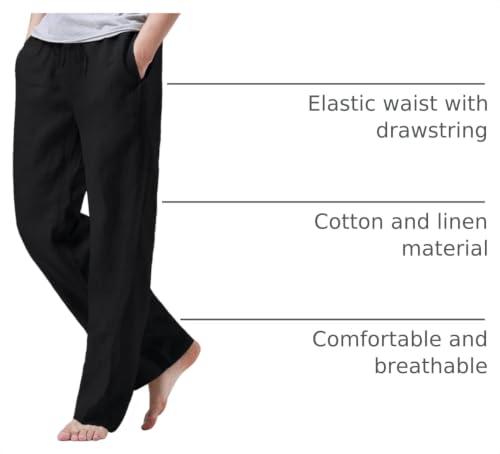 Image of iWoo Linen Pants Men Casual 2025 Summer Beach Elastic Drawstring Waist Yoga Pants Travel Baggy Work Pant Pajama