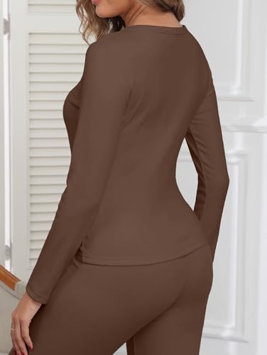 IWOLLENCE Thermo Unterhemd Damen Langarm Rundhals Fleece Warmes Thermo Top Damen Thermounterwäsche Ohne Etikett Weiches Thermooberteil Winterwäsche (Kaffee, M)