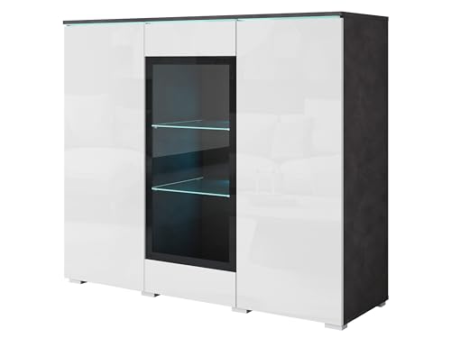 MINIO go for it - Buffet Salle a Manger Veve, Buffet Haut 120 cm Longueur, Meuble Vitrine Blanc Laqué/Matera Graphite - sans éclairage LED