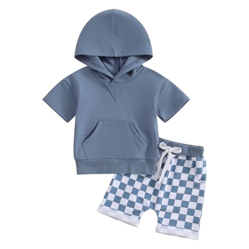 Toddler Baby Boy Summer Hooded Outfit Contrast Color Short Sleeve T Shirt Top Elastic Shorts Summer Clothes Set