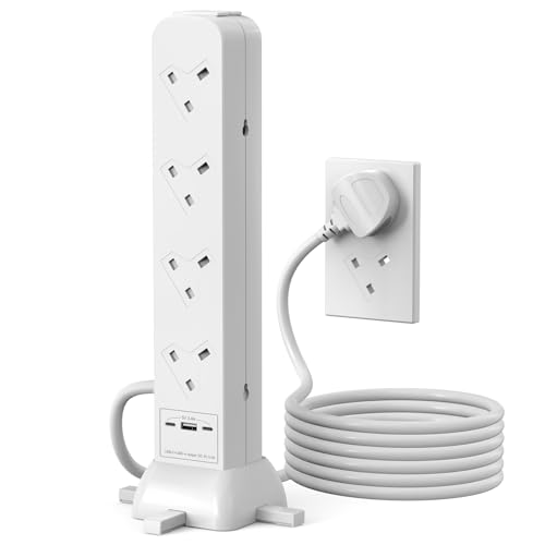 Tower Extension Lead, 8 Way Socket Surge Protector with USC Ports Power Strip Multi Plug 3120W Safety Shutter for TV PC Laptops Tablets