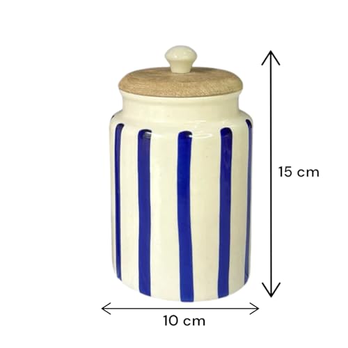 Image of Airtight Ceramic Jars (Pack of 2) - 900ml Each - Wooden Lid - Kitchen Containers for Sugar, Tea, Salt, Pickles, Pulses & More (Blue Lines)