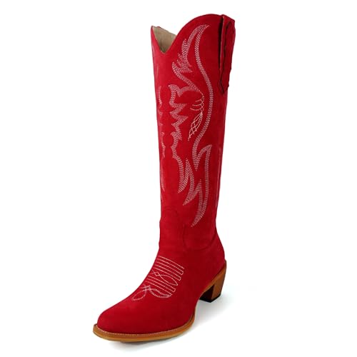 Image of GORBINETI Women Cowboy Boots Mid Calf Cowgirl Western Boots Embroidered Suede Pull On Almond Toe Chunky Heel