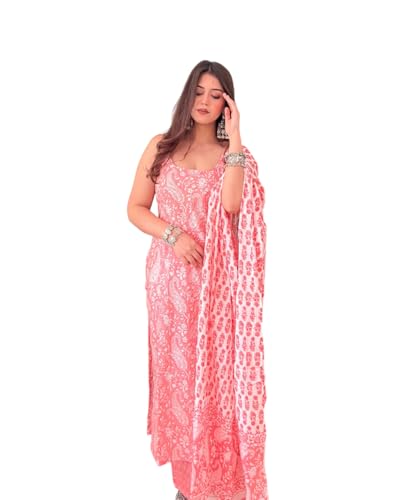 Image of Women's Cotton Anarkali Kurta Set with Dupatta | Sleeveless Printed Kurti & Palazzo Suit | Ethnic Wear for Girls & Women