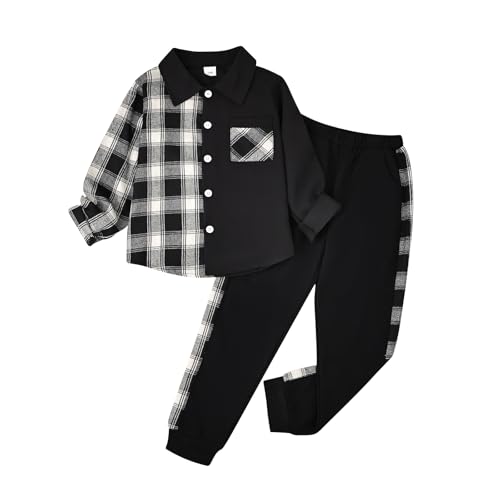 Image of Boy Clothes Fall Winter Outfits Long Sleeve Plaid Patchwork Button Down Shirt + Casual Pocket Sweatpants 5-14 Years