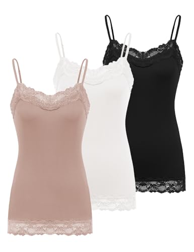 Image of Kate Kasin Women's Adjustable Spaghetti Strap Lace Trim Cami Tunic Tank Top 3PACK