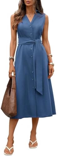 Women's Collared Shirt Dress V Neck Sleeveless Button Down Linen ...