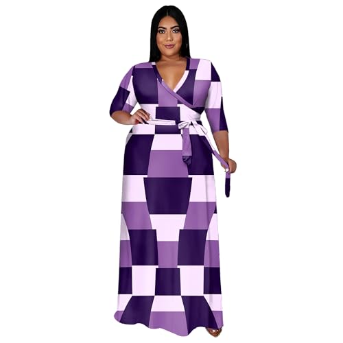 Image of Runwind Plus Size Dresses for Women Floral Maxi Dress Flowy 3 /4 Sleeve with Belt