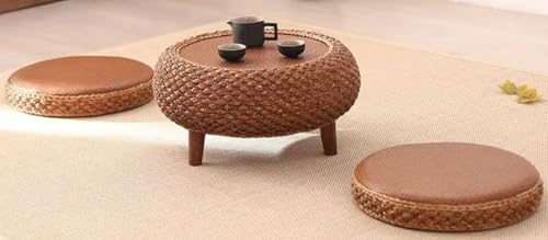 Haruze ちゃぶ台 円卓 ローテーブル 籐のコーヒーテーブル 畳座卓 卓袱台 食卓 直径 60× 高さ 25cm 小さい 2 人用 木製 籐編み ラタン おしゃれ 和風 禅インテリア 収納機能 組み立てが簡単 和室 茶道 瞑想 バルコニー リビングルー