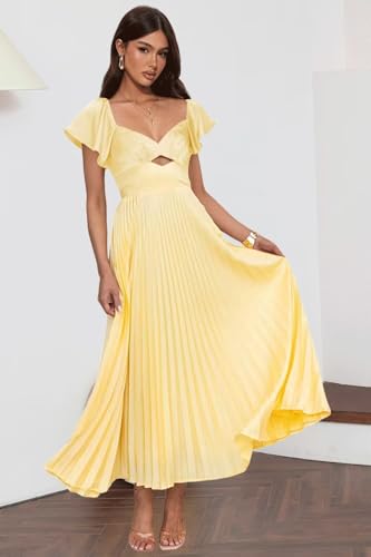 Raseal Satin Flutter Sleeve Bridesmaid Dress Ruched Midi A Line Party Dress for Women RS3303