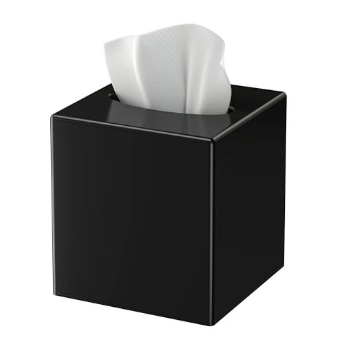 Tissue Box Cover Square Plastic Tissue Box Holder with Anti Slip Base Modern Decor Facial Napkin Holder for Bathroom Vanity Countertop Bedroom Dresser Night Stand Parlors Offices Black
