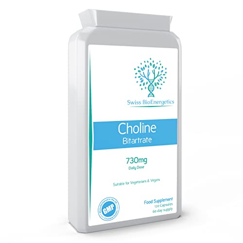 Choline Bitartrate 730mg Daily Dose, 120 Vegan Choline Supplement Capsules - UK Made Support for Healthy Liver Function and Fat Metabolism