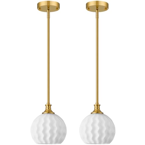 Karjearl Brushed Gold Pendant Lights Kitchen Island 2 Pack, 7.3" Modern Pendant Light Fixtures with Frosted Milk Glass Shade, Globe Hanging Lighting for Kitchen Sink Bathroom Hallway, E26 Base