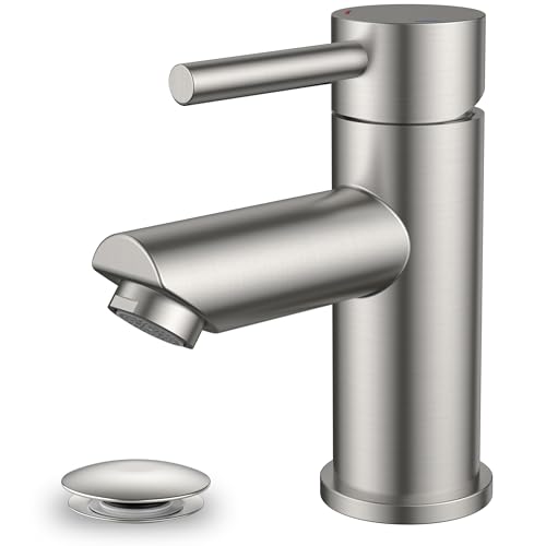 FORIOUS Basin Mixer Tap Bathroom Sink Tap Single Lever Stainless Steel Single Hole with 70 mm Spout Height Slotted Pop Up Waste and G1/2 Hoses
