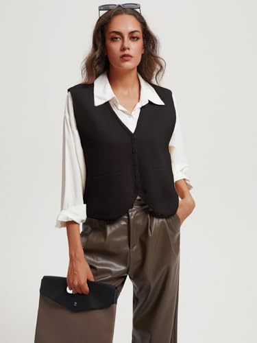 Image of Wowcarbazole Women's Cropped Sweater Vest Sleeveless V Neck Button Down Casual Knit Cardigan Vest Trendy Knitted Tank Tops