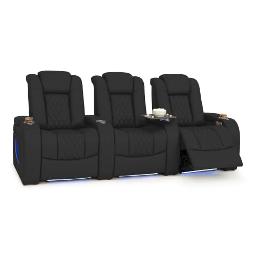 Image of Seatcraft Virtuoso LT Black Italian Leather Home Theater Seating, Zero Gravity Power Recliner, Powered Headrest and Lumbar Gaming and Home Office Chair, Heat and Massage Lounge Sofa, Row of 3