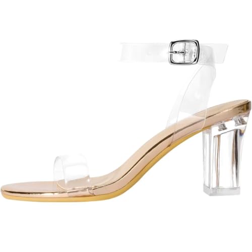 Image of ZriEy Women's Clear Heels Chunky Block Mid High Heeled Sandals