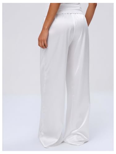 Image of MakeMeChic Women's Summer Satin Silk Pants Casual Flowy Pants Beach Vacation Wide Leg Pants