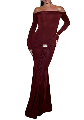 Unybwonn Sexy Off Shoulder Maxi Dress for Women Bodycon Stretchy Long Sleeve Wrap Dresses Party Cocktail Mesh Dresses