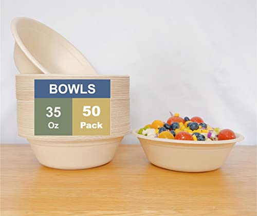 Eco-Housing [35Ounces (1000ml), 50Pcs, Nature] Paper Disposable Bowls, Made of Bagasse Cane Fibers, Eco-Friendly and Biodegradable, Microwave Safe, for Salad, Soup
