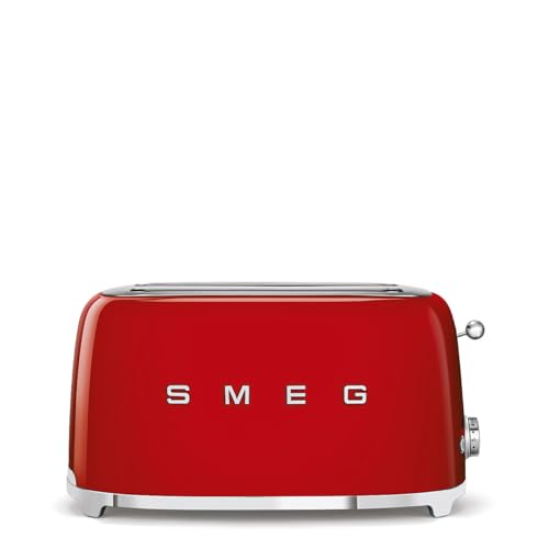 Smeg Toaster, 2 Extra Wide Slot for 4 Slices, Original Italian Brand, Auto Center for Even Browning, Smart Crumb Tray, Multi-Use: Defrost, Reheat & Bagel, 6 Toast Levels, 1500W, TSF02RDEU, Red