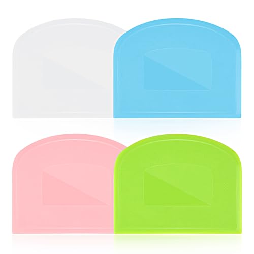 4 Pieces Food Scraper, Flexible Dough Scraper, Dough Scraper for Sourdough, Multifunctional Kitchen Scraper Tool, Baking Scraper, Bread Dough Cutter, Cake Smoother for Icing (White, Green, Blue, Pink)