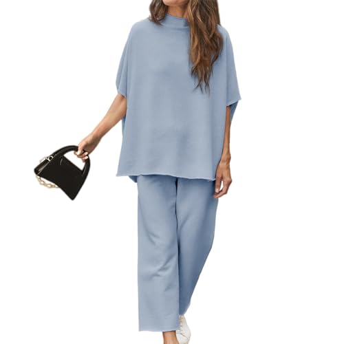 Ainangua Women Casual Two Piece Outfits 3/4 Batwing Sleeve Capelet CrewNeck Pullover Top Wide Leg Pants Lounge Sets Sweatsuit X-Small Blue
