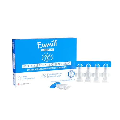 EUMILL | Protection | Gouttes oculaires lubrifiantes & hydratantes | Yeux fatigués, secs & exposés aux écrans | Sans conservateur | Compatibles avec lentilles de contact | 10 récipients unidoses 0,5ml