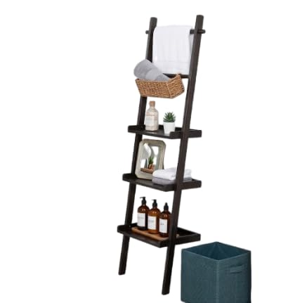 Wooden Ladder Shelf, Dark Brown, 3-Tier Storage Organizer, Leaning Design, Bathroom Decor-image-47