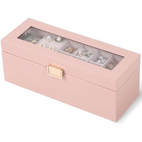 Dajasan Jewelry Box Organizer, Jewelry Holder Organizer Box, 2-Layer Jewelry Storage Box with Transparent Lid, Watch Box for Women Girls Mother Friend (Pink) Cover