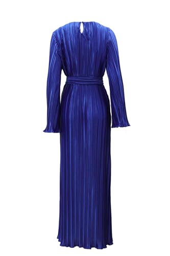 Image of Pluto & Fox Women's Crew Neck Plisse Maxi Dress Long Sleevele Flared Cuffs Belted Pleated Party Cocktail Wedding Guest Dress