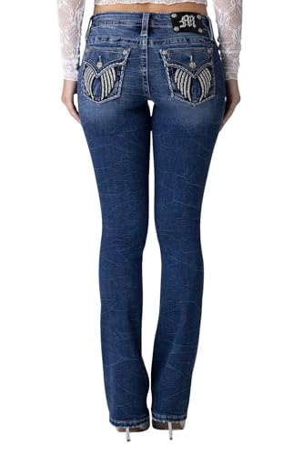 Miss Me Women's Frankie Wing Embellished Faux Flap Pockets Low-Rise Bootcut Jeans