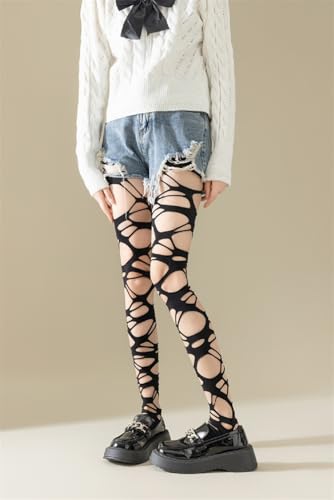 Image of Women's Ripped Tights, Gothic Punk Perforated Stocking, Women's Tights Y2K Ragged Pantyhose Hosiery