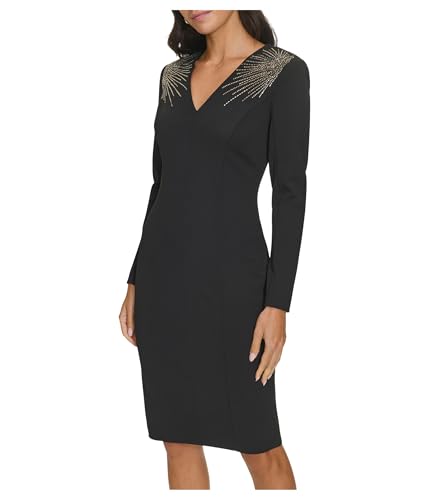 Image of Calvin Klein Women's Long Sleeve V-Neck Rhinestone Studded Crepe Mini Dress