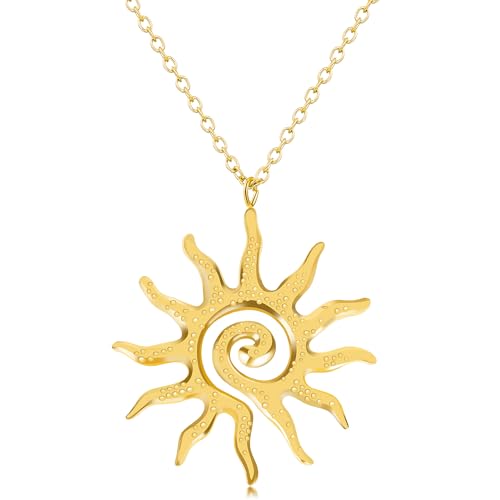 Spiral Sun Pendant Necklace, Gold Plated, 33x40.5mm Pendant, 45+5cm Chain Length, Textured Celestial Design