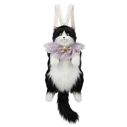 Realistic Cat Backpack, Stuffed Animal Plush Bag, Handcrafted Black Cat Plush Backpack with Adjustable Crossbody & Shoulder Straps, Cute Small Backpack for Women Girls Gift (Black)
