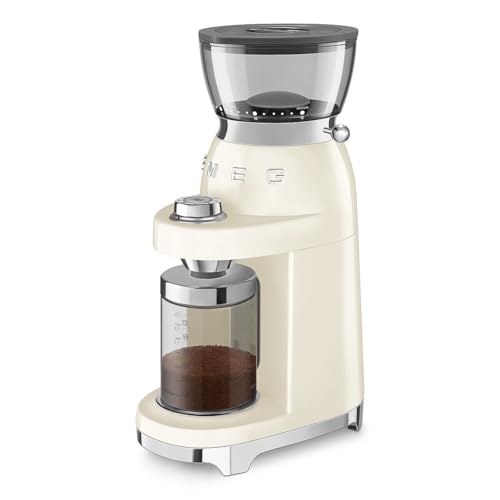 Image of SMEG CGF03 Burr Coffee Grinder, Electric Conical Burr Grinder with 15 Grind Settings, 8 Presets, 240g Bean Hopper, Espresso, Moka & Drip Coffee Grinder, 50's Retro Style (Cream)